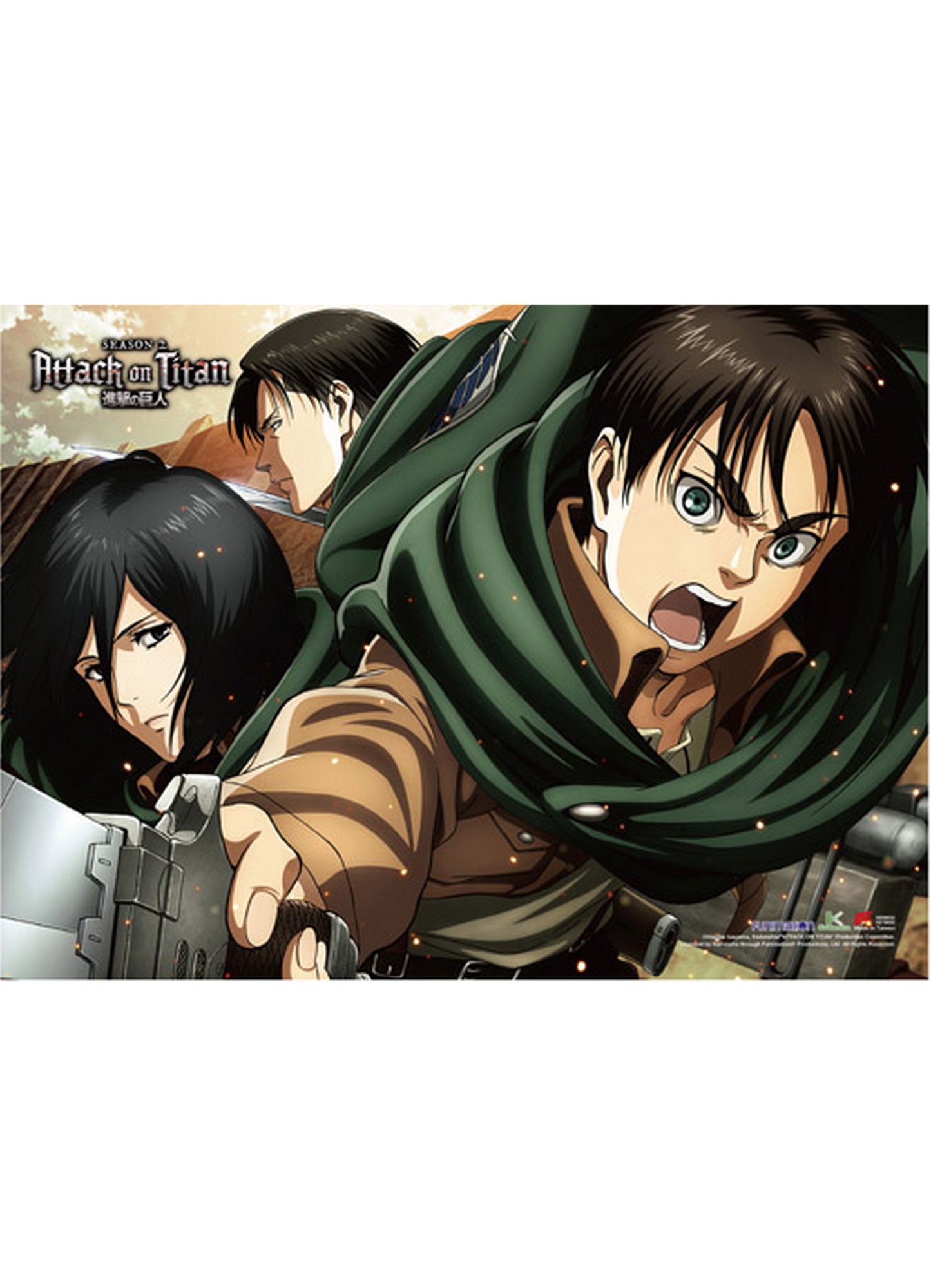 Attack on Titan Season 2 - Eren Yeager, Mikasa Ackerman & Levi Ackerman Wall Scroll 31"W x 43"H