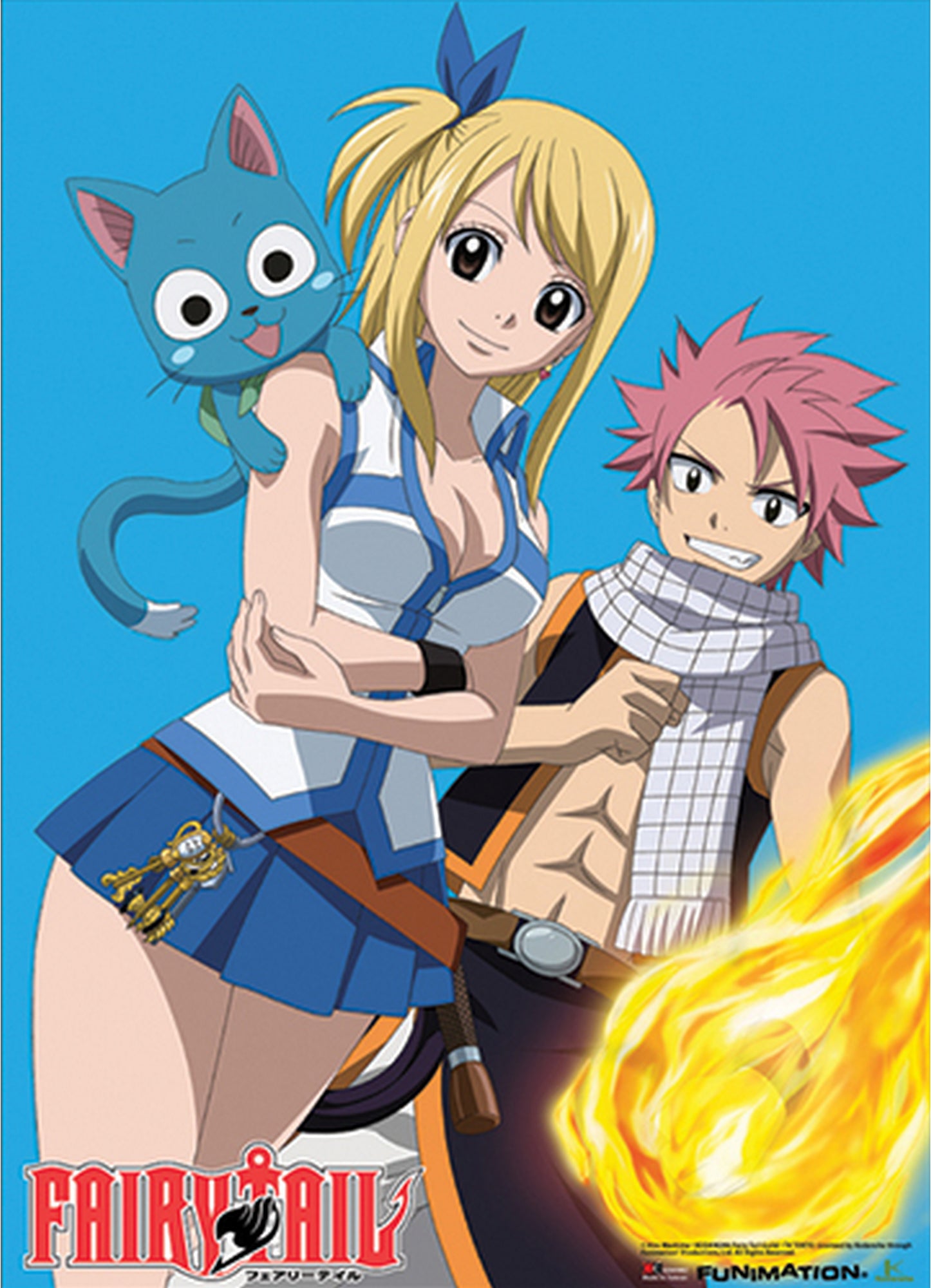 Fairy Tail - Natsu Dragneel, Lucy Heartfilia & Happy Turquoise Background Wall Scroll 31"W x 43"H