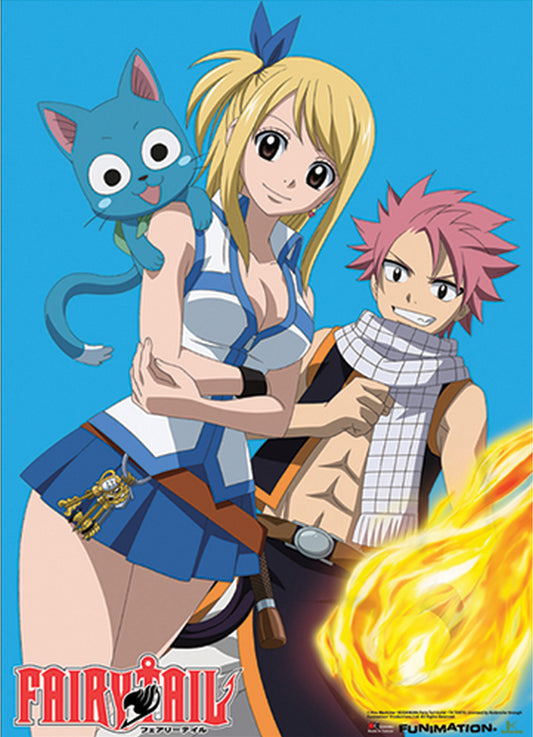 Fairy Tail - Natsu Dragneel, Lucy Heartfilia & Happy Turquoise Background Wall Scroll 31"W x 43"H