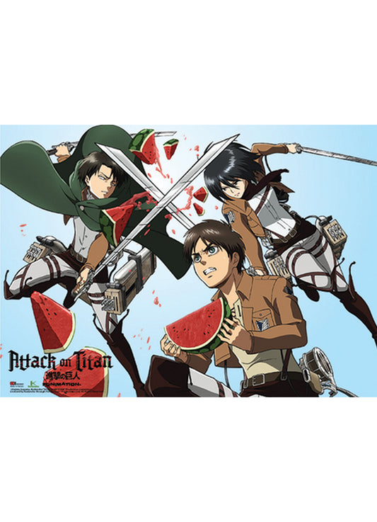 Attack On Titan - Eren Yeager, Mikasa Ackerman, & Levi Ackerman Watermelon Fight Special Edition Wall Scroll 31"W x 43"H