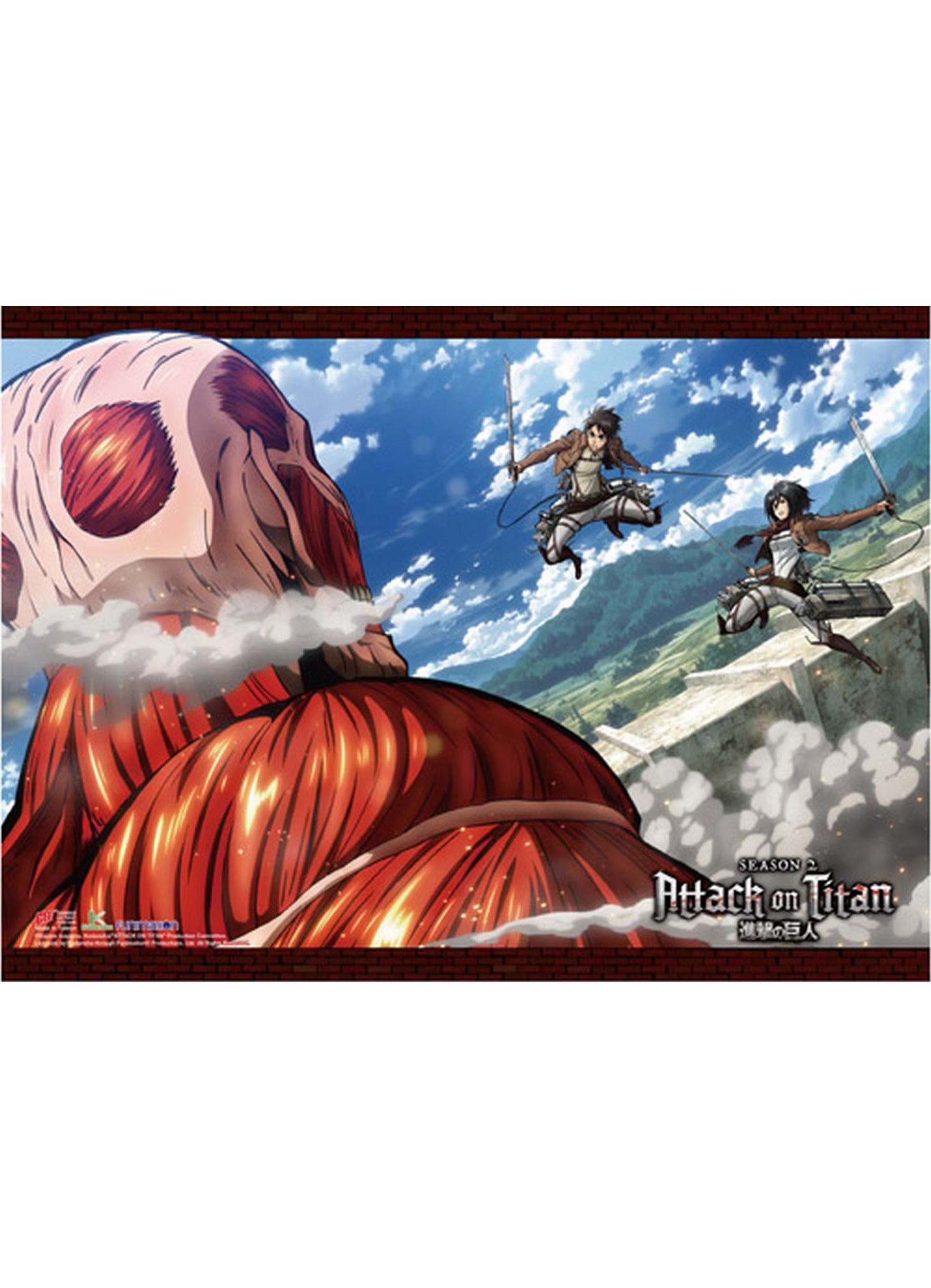 Attack on Titan Season 2 - Colossal Titan Vs Eren Yeager & Mikasa Ackerman Hi-End Wall Scroll 18.5"W x 25.2"H
